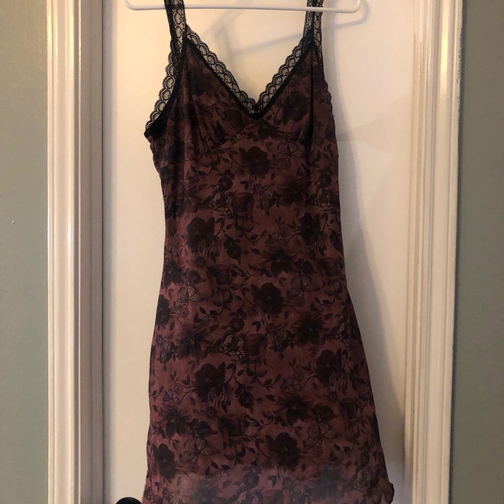 Lace Trim Floral Slip Dress - Brown & Black